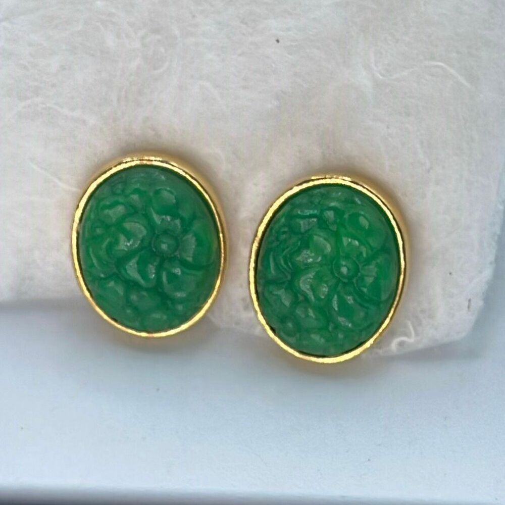 Vintage Avon clip earrings molded faux jade cabochons.